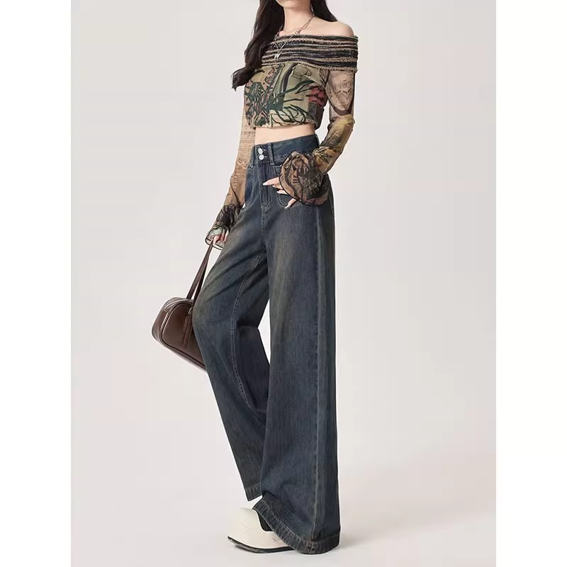 S~5XL Baggy jeans Long pants for women Retro Denim กางเกงยีนส์ทรงหลวมเอวสูง สไตล์วินเทจ สำหรับผู้หญิง มีไซส์ใหญ่และกระดุมHOT - รูปที่ 4