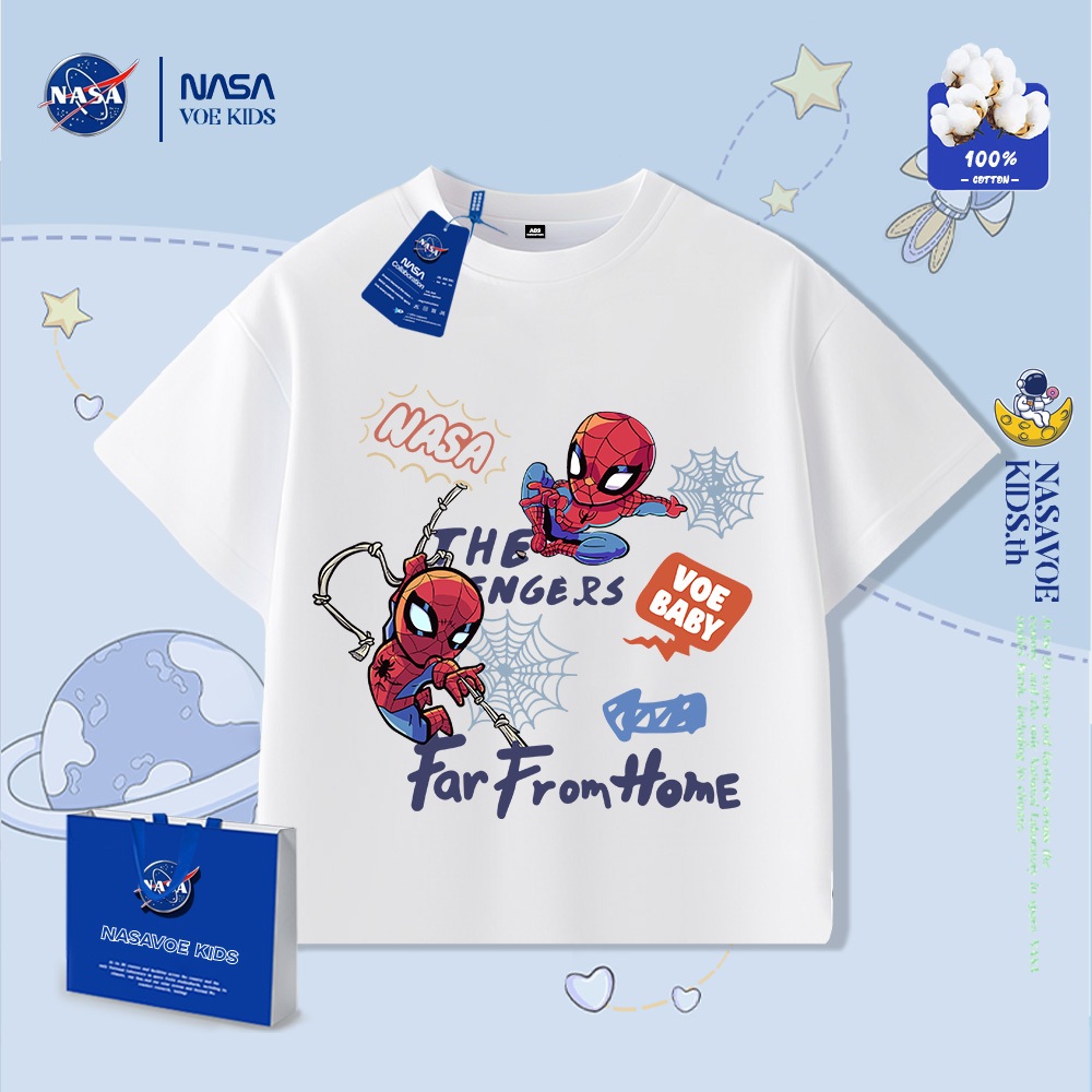 พร้อมส่งภายใน 24 ชม. NASAVOEBABY เสื้อยืดแขนสั้นเด็ก spiderman ผ้าฝ้ายแท้ 100%แขนสั้นลําลองการ์ตูนพิมพ์เสื้อยืด
