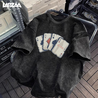 เสื้อยืดแฟชั่นมาแรง สไตล์วินเทจล้างฟอก ลวดลายไพ่ ใส่สบาย ไม่…