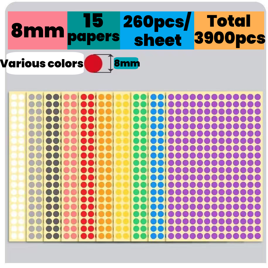 【8mm】8 มม.， 260pcs/แผ่นสีจุดติดฉลากสี， 8 มม.， การจำแนกประเภทฉลากสีทำเครื่องหมายวางสติ๊กเกอร์เครื่องเขียนนักเรียน， 260pcs/แผ่น， เหมาะสำหรับสำนักงานและอุปกรณ์การเรียน【Color dot label stickers】【color label】【stationery stickers】