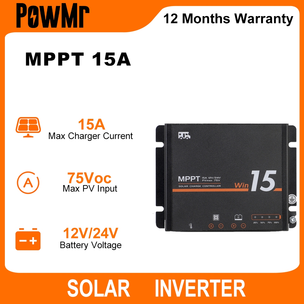 PowMr MPPT 15A RV ตัวควบคุมพลังงานแสงอาทิตย์ 12 V/24 V ระบบอินพุต PV สูงสุด 75Voc Solar Controller ส