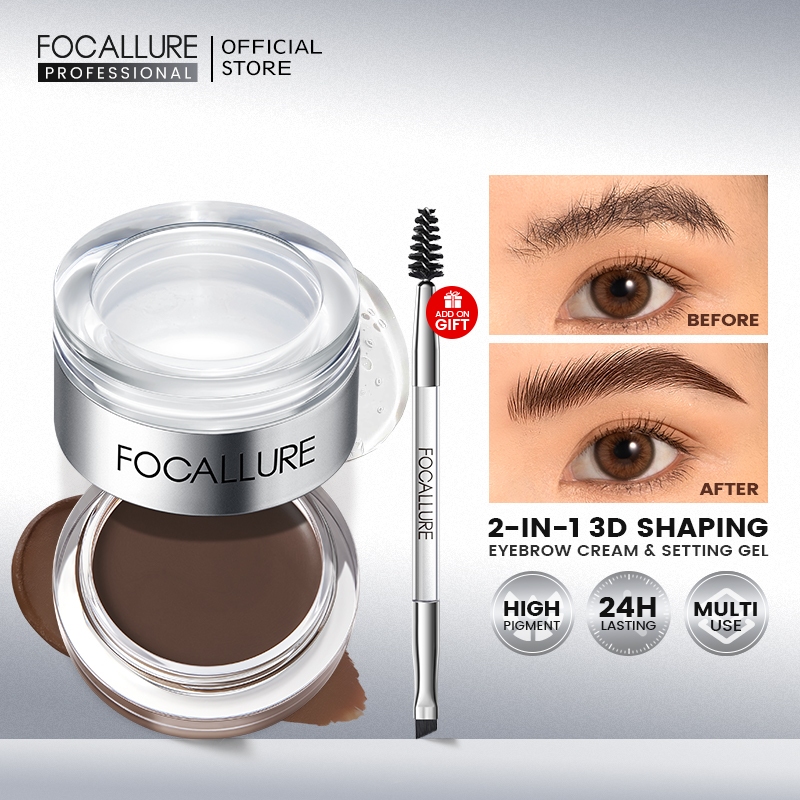 Focallure Pro-shape 2-in-1 ครีมเจลเขียนคิ้ว 3D ขนปุย อเนกประสงค์ ไม่เหนียวเหนอะหนะ แห้งเร็ว กันเปื้อน