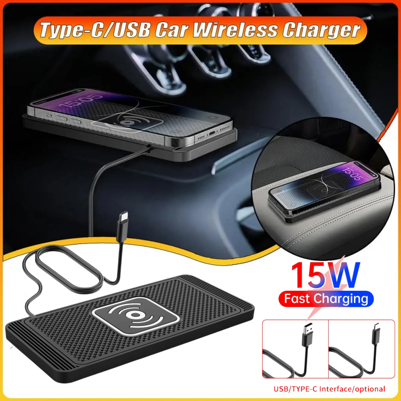 15W Type-C USB Car Wireless Charger อัจฉริยะอัตโนมัติ Sensing ยางกันลื่น Fast Charging Pad สําหรับ Iphone 15 13 12 Samsung Huawei