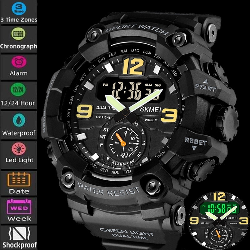 Skmei Mens กันกระแทกนาฬิกาสปอร์ตดิจิตอลแฟชั่นหน้าปัดใหญ่โซนสามเวลา LED Chronograph นาฬิกาปลุกกันน้ํา