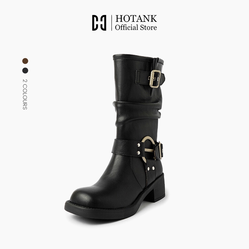 HOTANK รองเท้าบูทมาร์ติน รองเท้าบูทคาวบอย ทรงตรง แต่งหัวเข็มขัด สไตล์ตะวันตก พร้อมส่ง