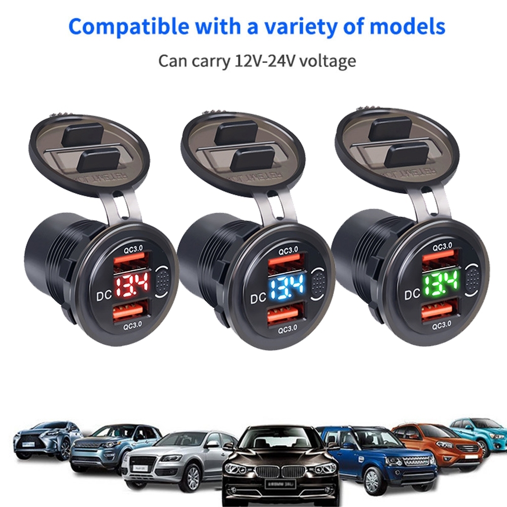 QC 3.0 Dual USB Car Charger Socket จอแสดงผลดิจิตอลพร้อมสายเคเบิล Fast Charge Power Outlet สําหรับ 12