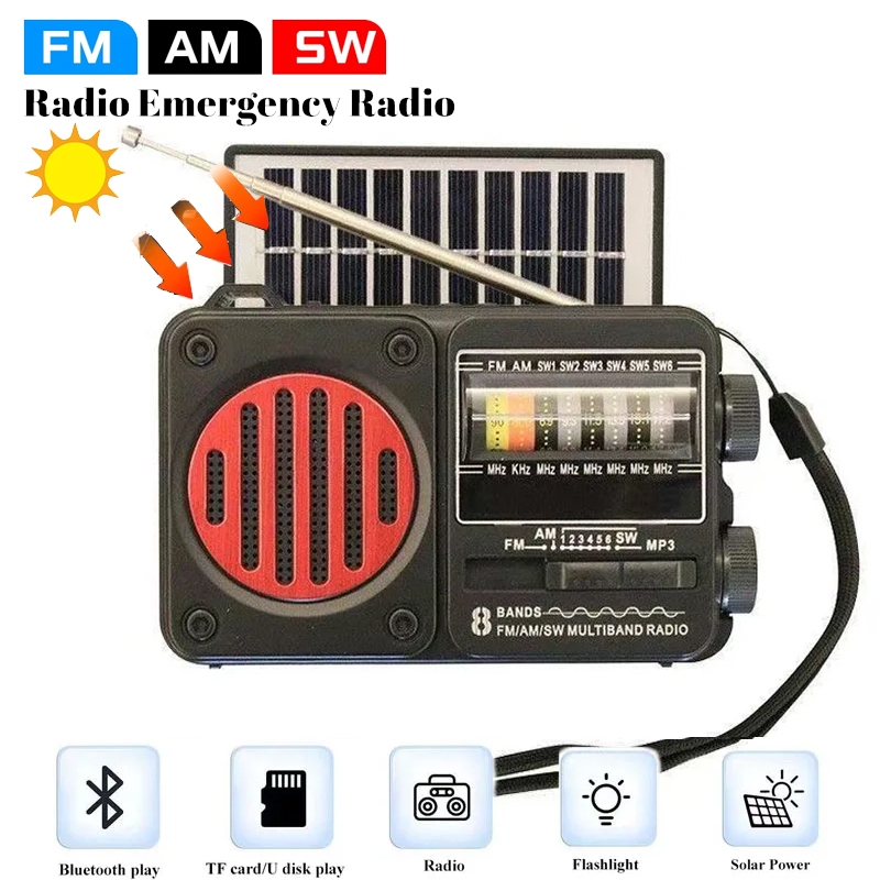 วิทยุฉุกเฉินแบบพกพาพลังงานแสงอาทิตย์ FM AM SW1-6 ตัวรับสัญญาณวิทยุลําโพงบลูทูธพร้อมไฟฉาย TF Card USB