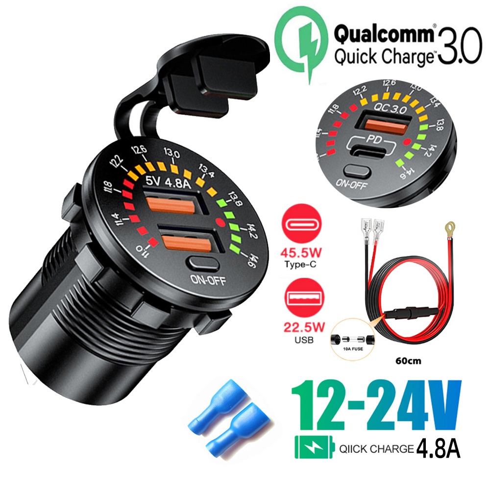 12V Quick Charge 3.0 Dual USB Type-C PD Car Charger Socket กันน้ํา 18W Outlet Fast Charger พร้อม LED
