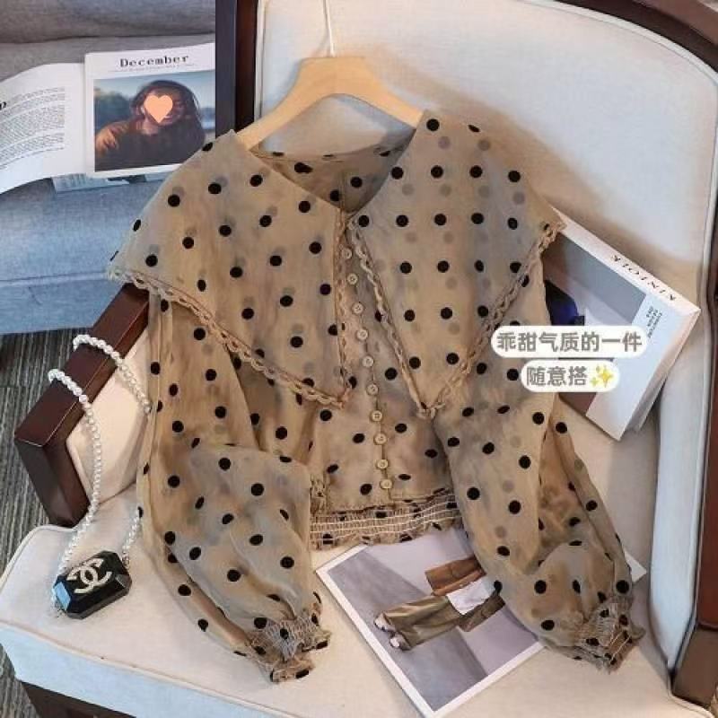 สไตล์เกาหลีผู้หญิงสุภาพสตรีหลวมชีฟอง Polka Dot เสื้อเชิ้ตแขนยาวเสื้อ Baju Wanita Panjang ใหม่