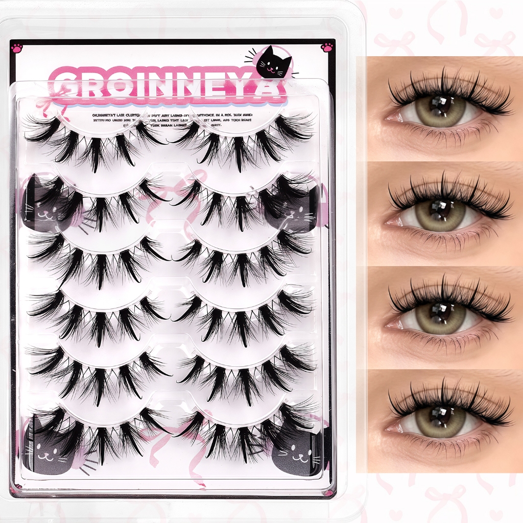 GROINNEYA ขนตาแมวขนตาปลอม Fluffy Faux Mink Lashes Wispy Lashes ธรรมชาติดู Wispy Winged End Eye Elongated Lashes