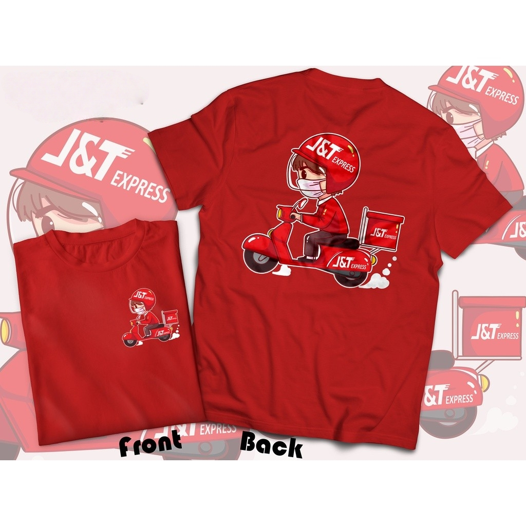 เสื้อยืดแขนสั้น J & T Express Theme สีแดงน่ารัก Fun Rider รูปแบบแฟชั่น All-Match