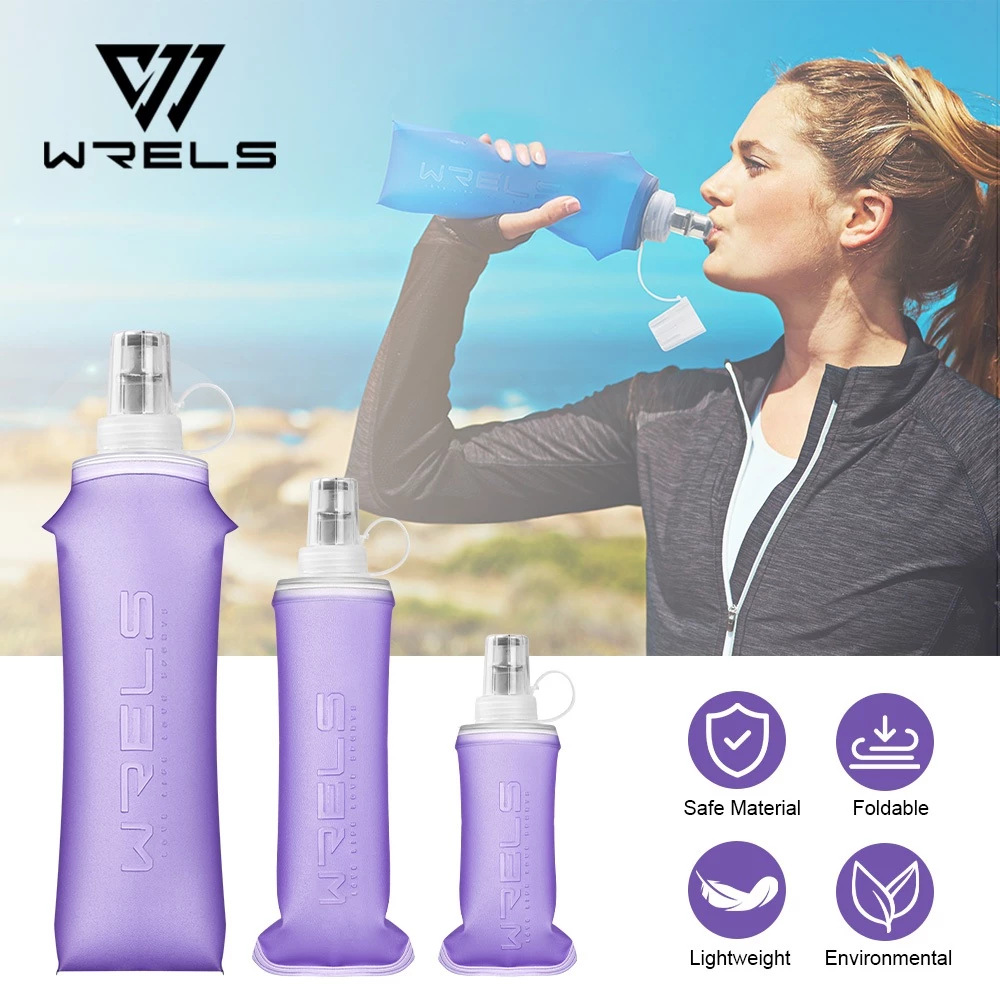 WRELS Tpu Leakproof Soft ขวดน้ําพับได้น้ําหนักเบาเหมาะสําหรับกีฬาวิ่ง Travel Fitness