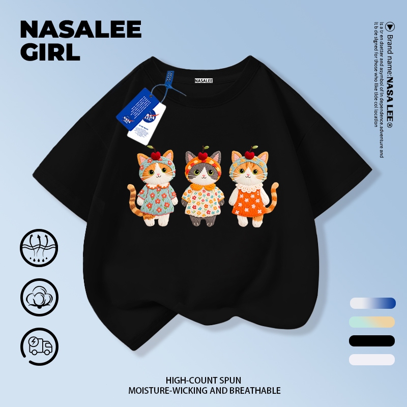 【จัดส่งวันเดียวกัน × ถึงใน 2 วัน】เสื้อยืดเด็ก NASA สีดำ ผ้าฝ้าย 100% ลายแมวน่ารัก แฟชั่นสวมคล่องตัว แขนสั้น универсальный สำหรับเด็กชาย-หญิง