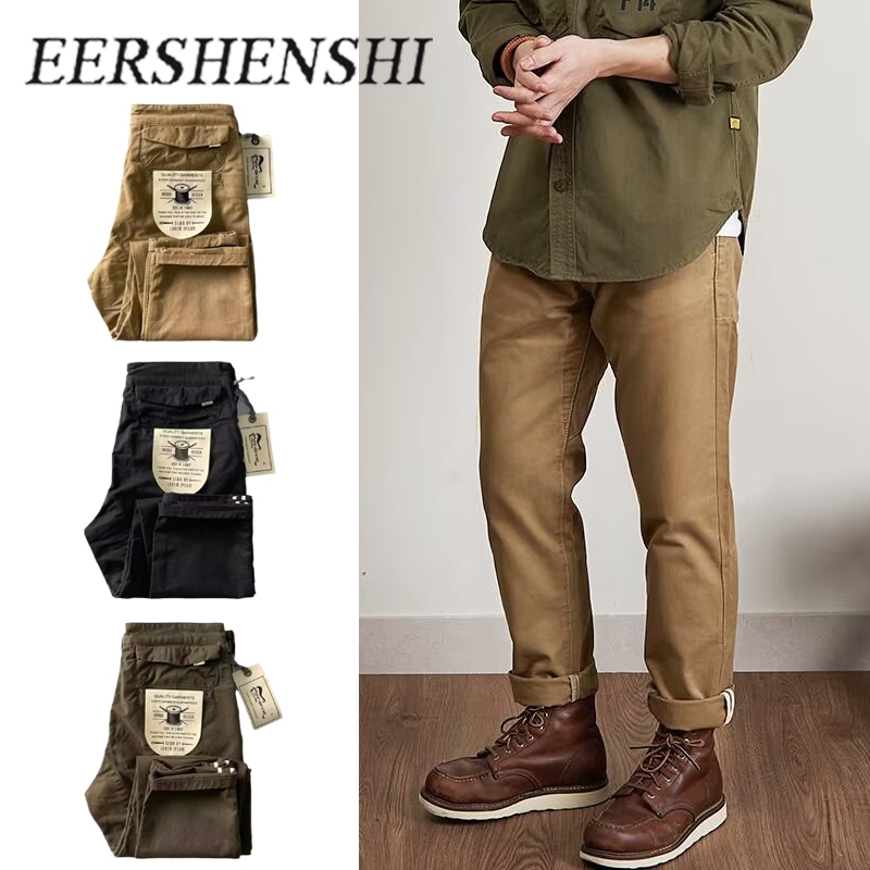 EERSHENSHI กางเกงลำลองสำหรับผู้ชาย สไตล์วินเทจซักย้อม หนามีความทนทาน ดีไซน์ขาตรง