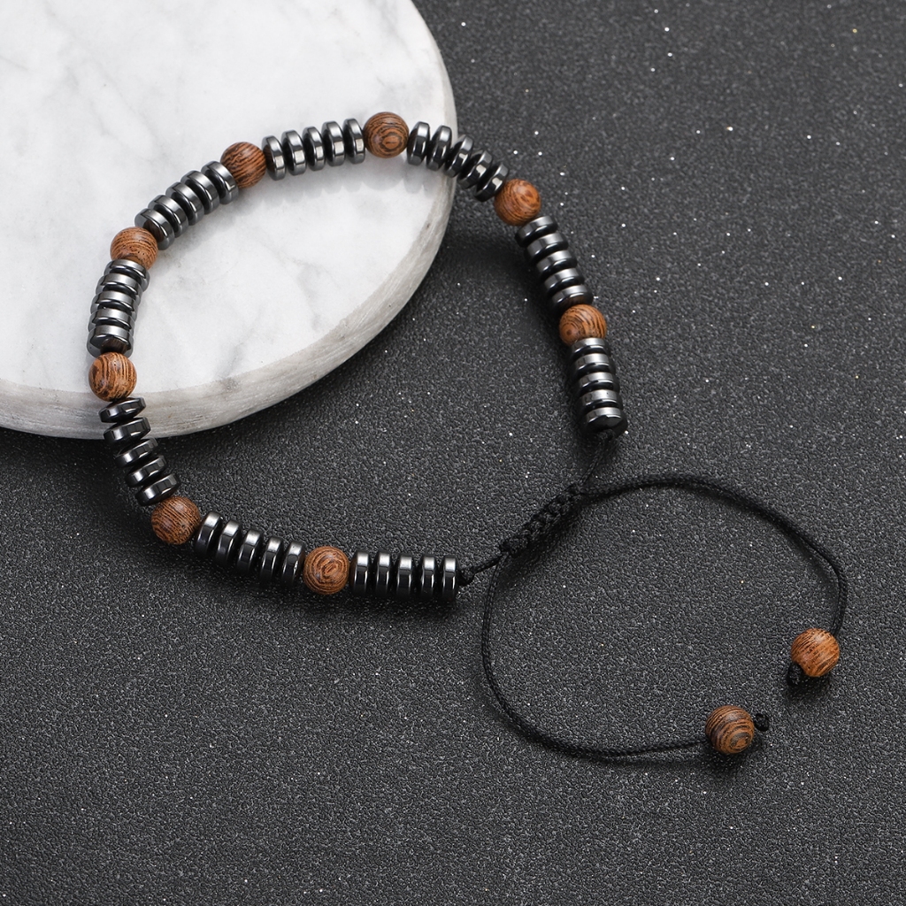 สร้อยข้อมือ.Handmade.Hematite.และไม้ลูกปัดสำหรับผู้หญิงและผู้ชาย ปรับขนาดได้ เหมาะสำหรับโยคะและเป็นเครื่องประดับ