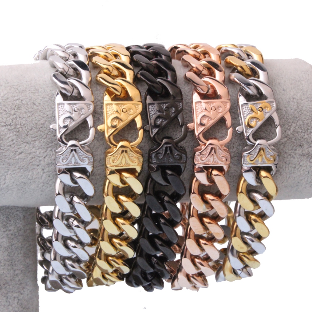 สร้อยข้อมือแบบ Cuban Link สแตนเลส สีเงินและโรーズโกลด์ สำหรับผู้ชาย