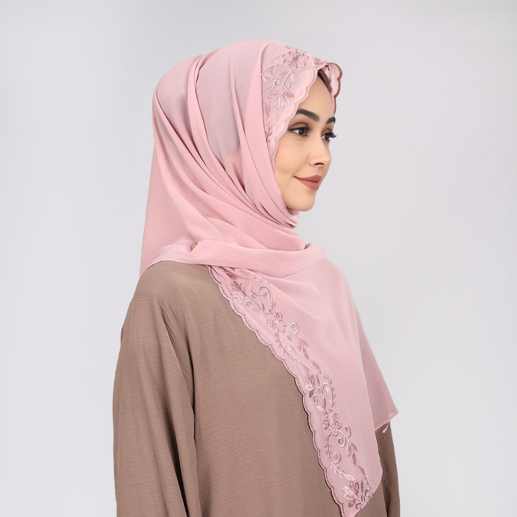 LAVEN ดอกไม้เย็บปักถักร้อย Sulam ผ้าคลุมไหล่ชีฟอง Hijab มุสลิม Headscarf ผู้หญิงพรีเมี่ยมชีฟอง Tudung