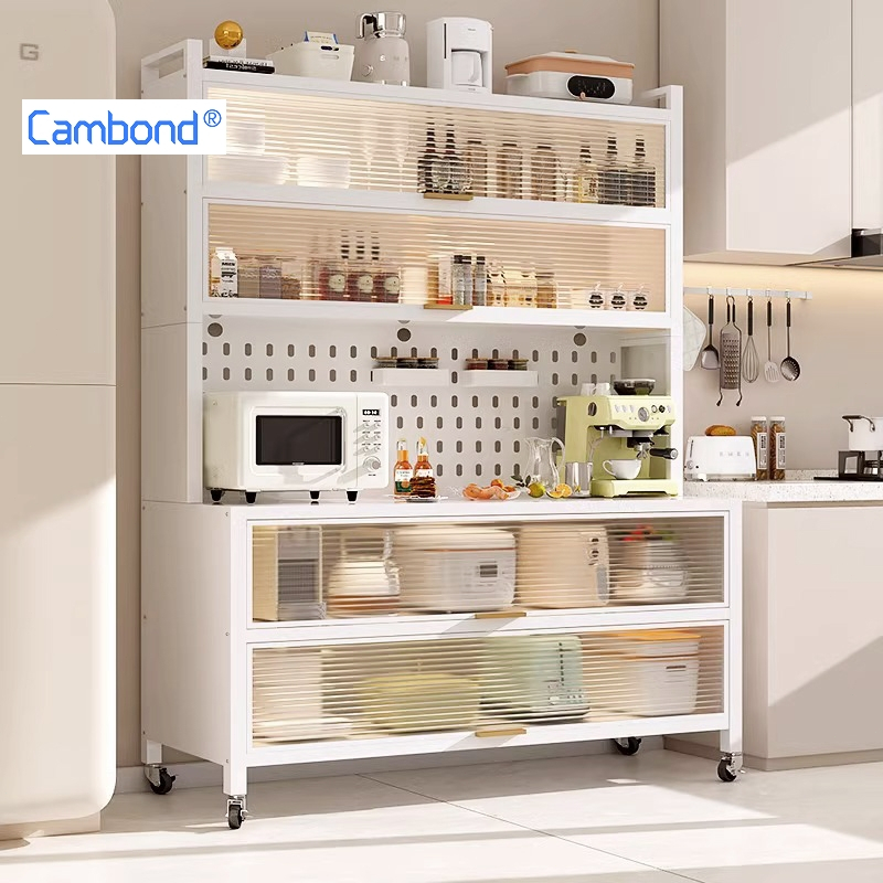 Cambond ตู้ครัวหลายชั้น เก็บของในครัว คาร์บอนสตีล กันสนิม ประตูพับ ชั้นวางของอเนกประสงค์ วางไมโครเวฟ เตาอบ