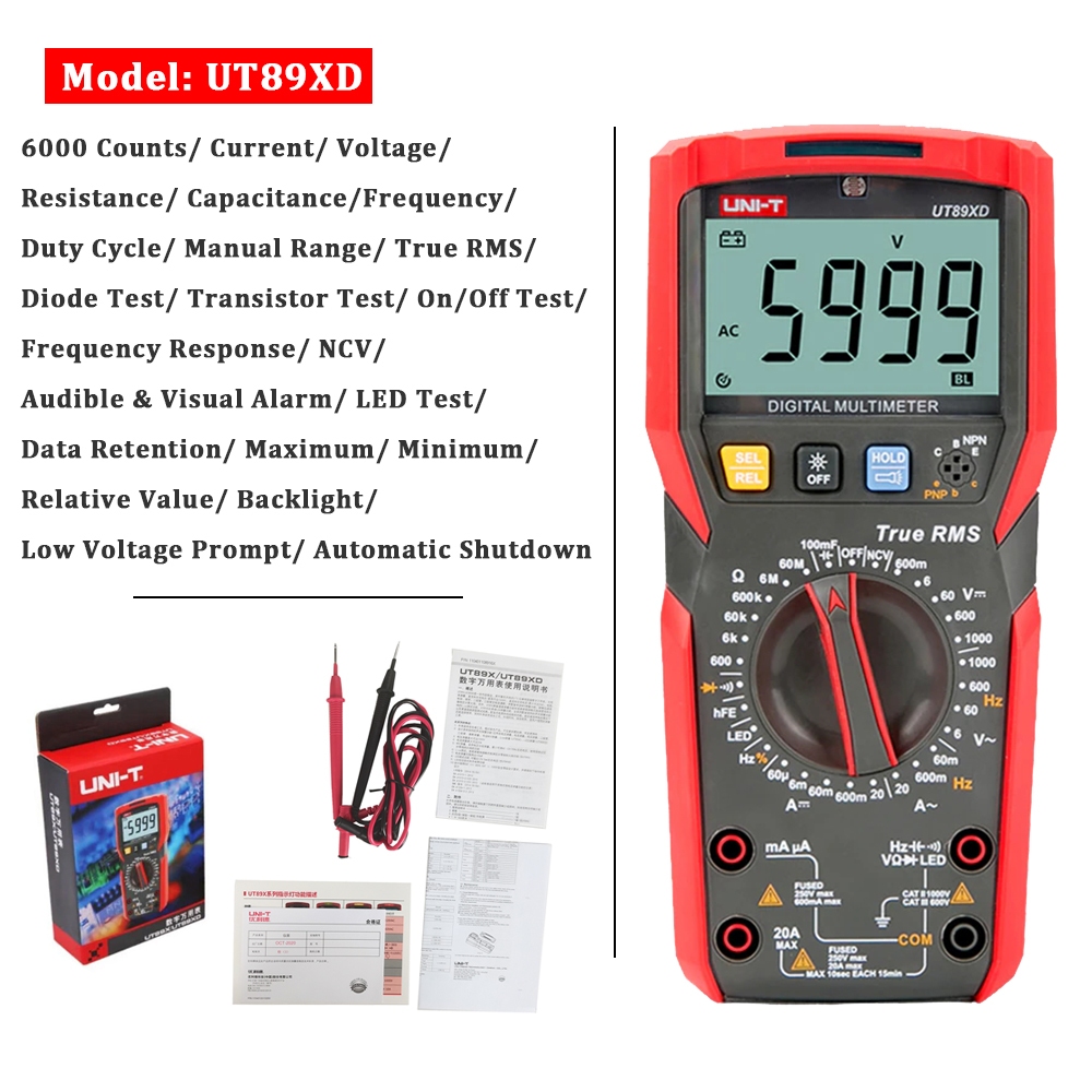 UNI-T CODUNI-T UT89X UT89XD มัลติมิเตอร์แบบดิจิตอล 1000V DC แรงดันไฟฟ้า AC 20A ความต้านทานปัจจุบันเครื่องทดสอบความถี่ความจุการทดสอบ NCV