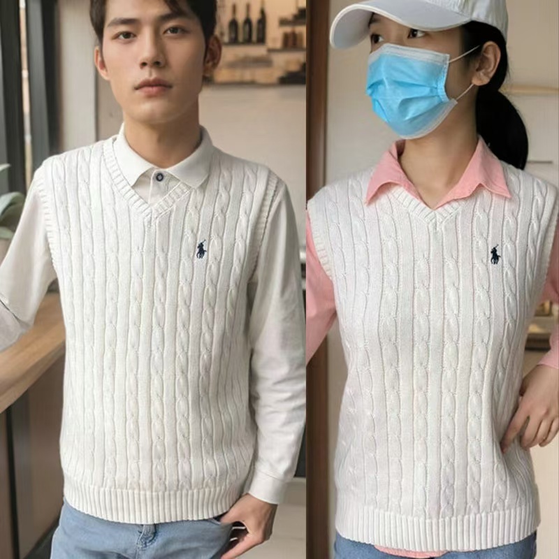 ผ้าฝ้ายแท้บิดเสื้อกันหนาวคอวีแขนกุดเย็บปักถักร้อยลําลองฤดูใบไม้ร่วงสําหรับผู้ชายและผู้หญิง