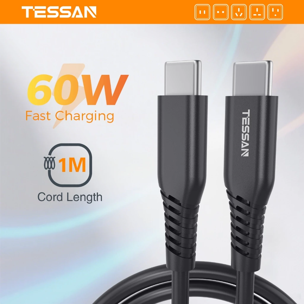 TESSAN 60W Fast Charge USB C ถึง USB C Type C สายชาร์จเร็วสําหรับโทรศัพท์ แล็ปท็อป 1 เมตร