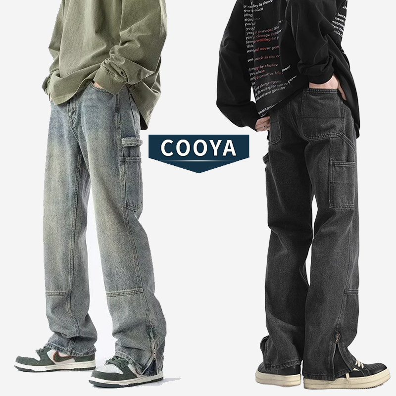 COOYA กางเกงยีนส์ผู้ชาย กางเกงยีนส์คาร์โก้ผู้ชาย  แต่งซิป ยีนเท่ High Street ทรงหลวมตรง แฟชั่น