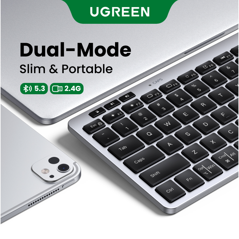 UGREEN Slim Portable Black Wireless Keyboard Bluetooth 5.3 + 2.4G Silent Click Keyboard