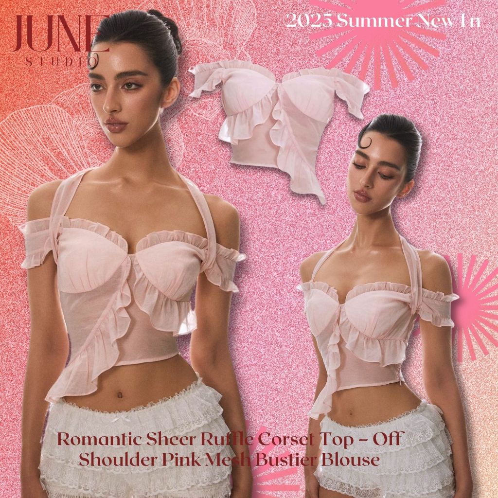 [June Studio] ท็อปสายเดี่ยวไหล่ระบายสั้น สไตล์ฝรั่งเศส ผ้าตาข่ายบางเบา สีชมพู