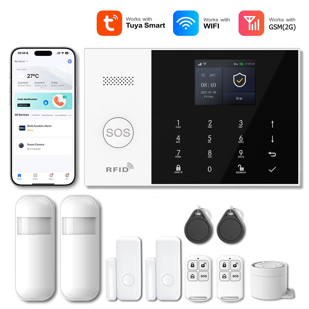 PG-105 ไร้สาย WIFI GSM Home Security ALARM ระบบ Line Defense Zone 2.4 นิ้วหน้าจอ LCD สีสันสดใสสําหรับ Tuya สมาร์ทโฮมขโมยนาฬิกาปลุกทํางาน Alexa & Google