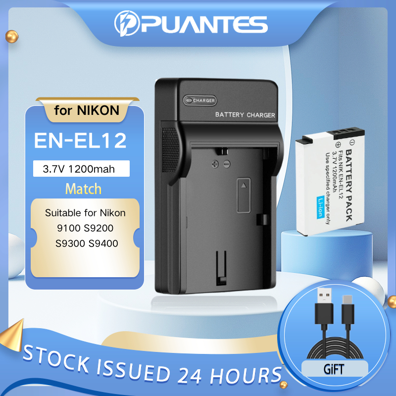 PUANTES EN-EL12 แบตเตอรี่ + เครื่องชาร์จ USB ช่องเดียวเหมาะสําหรับ Nikon 9100 S9200 S9300 S9400