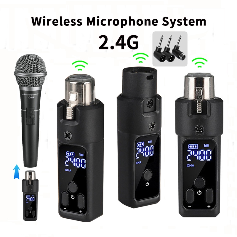 เครื่องรับส่งสัญญาณ XLR ไร้สายอะแดปเตอร์ระบบไมโครโฟนไร้สาย 2.4G แบบชาร์จไฟได้สําหรับไมโครโฟนแบบไดนามิก/ระบบ PA/กีตาร์