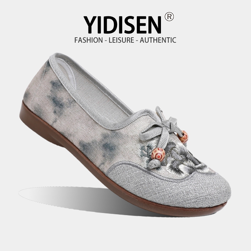 YIDISEN วรรณกรรม Tie-Dye รองเท้าลําลองเย็บปักถักร้อย + Bow Soft Sole สวมใส่ง่ายเอเชียตะวันออกเฉียงใต