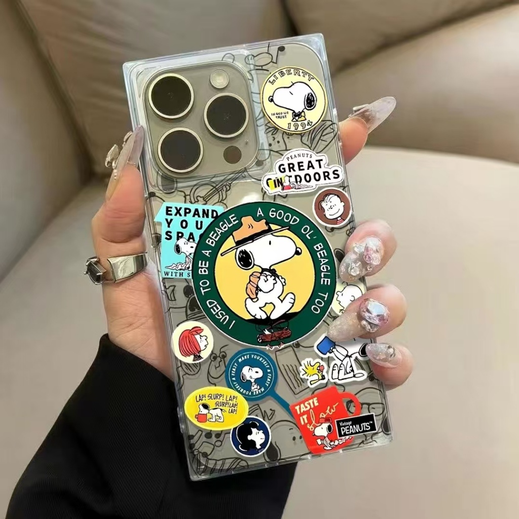 Snoopyป้ายสี่เหลี่ยมผืนผ้าสําหรับiPhone 17Promaxฝาครอบโทรศัพท์16Pro 13กันกระแทกTPUเคสโทรศัพท์สําหรับiPhone 17 16 15Promax 15 14 13 12 11