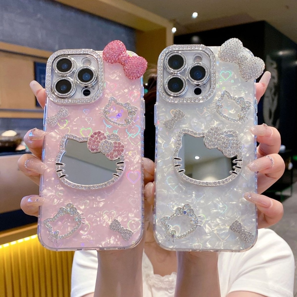 สวย 3D แฟลชเจาะ Bowknot kitty กระจก IMD เคสโทรศัพท์สําหรับ Iphone 17 16promax 15 14 13pro max 12 15plus 12promax 11