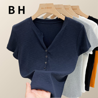 เสื้อยืดแขนสั้นผ้าฝ้ายไม้ไผ่ สีทึบสำหรับฤดูร้อน ทรงคอกลม มีก…