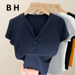 เสื้อยืดแขนสั้นผ้าฝ้ายไม้ไผ่ สีทึบสำหรับฤดูร้อน ทรงคอกลม มีกระดุมที่ไหล่