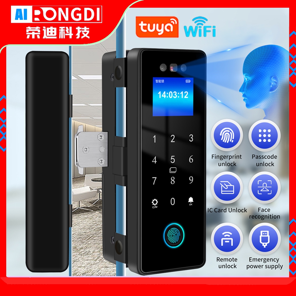 3D Face Recognition สมาร์ทล็อค WIFI Tuya APP Biometric อิเล็กทรอนิกส์ลายนิ้วมือแก้วประตูล็อค