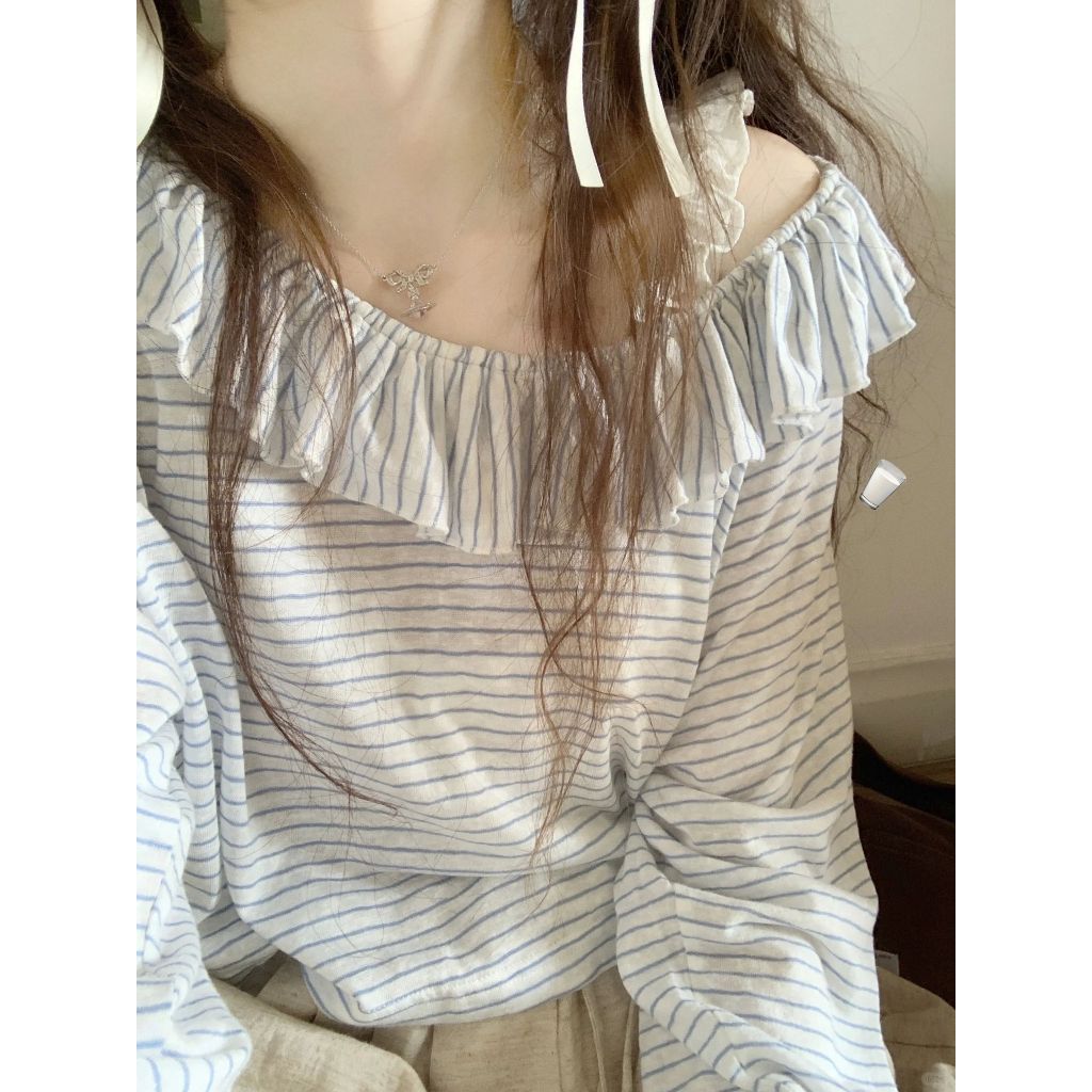 【BANKO】เสื้อลายเฉียงแขนยาวสำหรับผู้หญิง สีฟ้าบางเบาทึ้งกันแดด