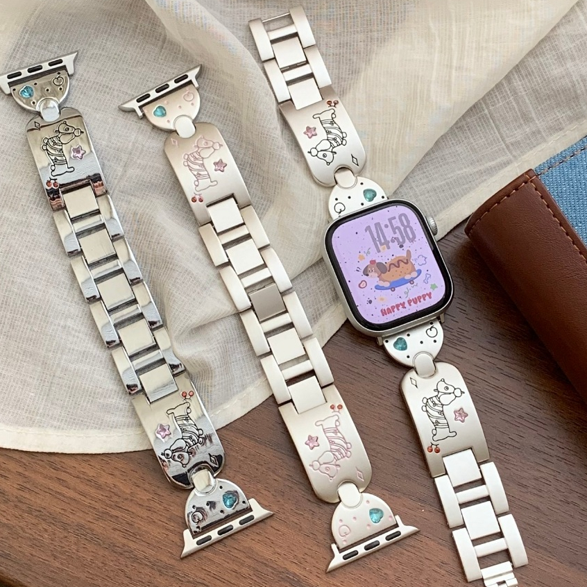 Inlaid Gem Dachshund Strap สําหรับสายนาฬิกา A-pple Series11 10 Series9 87654321,SE2, Ultra2, iWatch Strap ขนาด 49mm 41mm 45mm 40mm 44mm 38mm 42mm 44mm i Watch Strap สร้อยข้อมือโลหะ