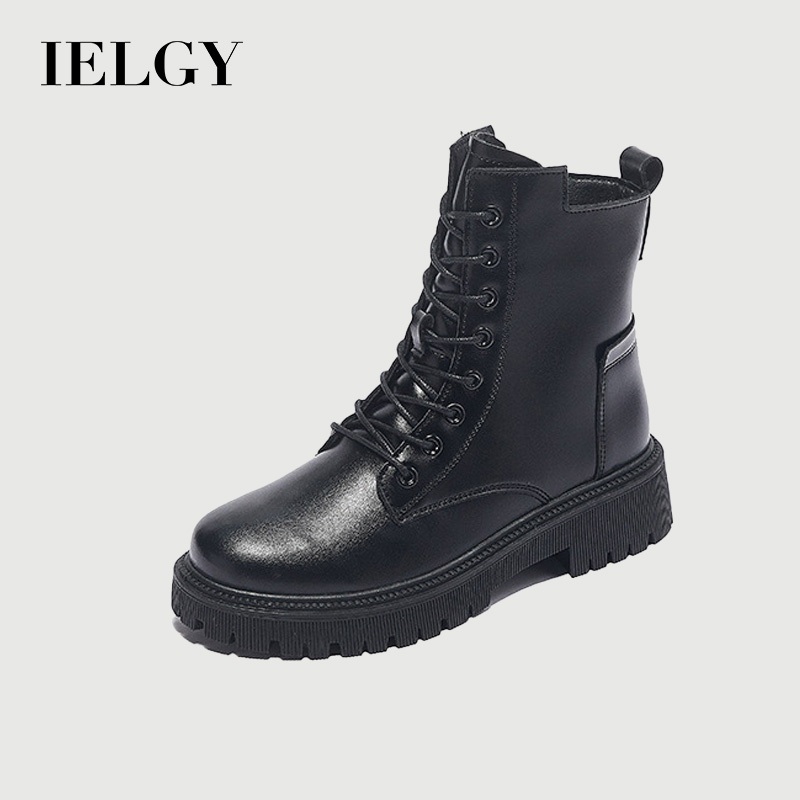IELGY รองเท้าสีดําผู้หญิงฤดูใบไม้ร่วงอังกฤษ Booties Chunky Sole นักเรียนสบายๆ