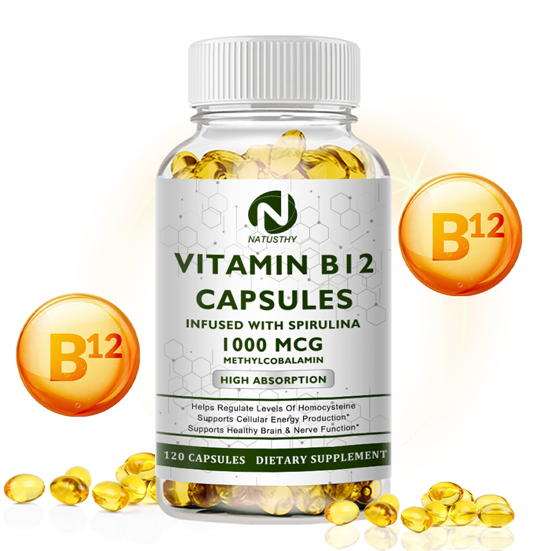 วิตามิน B12 แคปซูล 1000 mcg สําหรับการเผาผลาญพลังงาน, ประสาท, สมอง, สุขภาพระบบภูมิคุ้มกัน Non-GMO