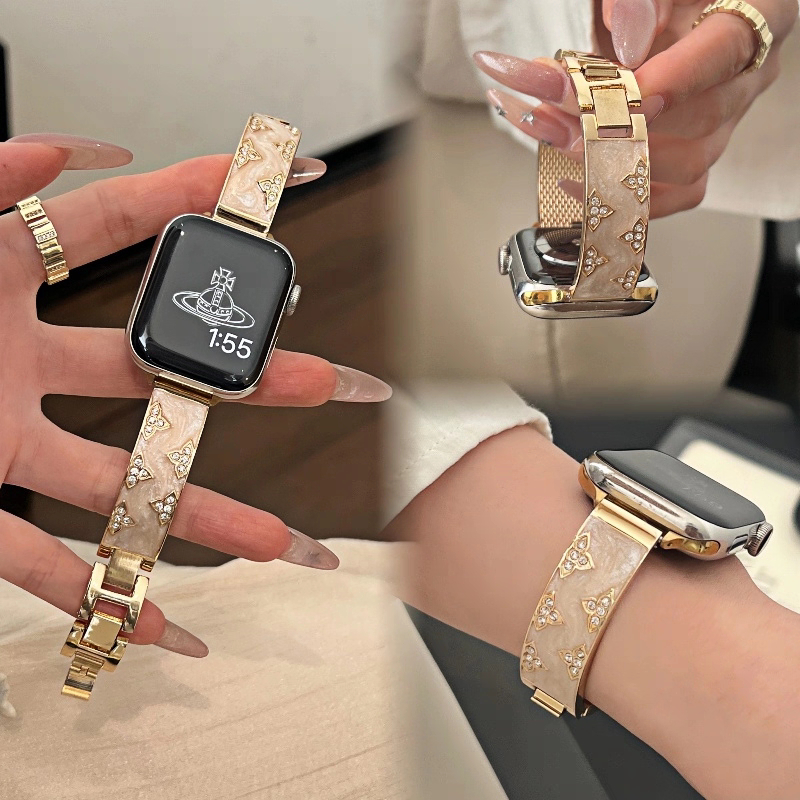 โคลเวอร์ พลอยเทียม สร้อยข้อมือสายโลหะสําหรับ ฉันดู ชุด iwatch Series 10 9 8 7 6 SE 5 4 3 2 46 มม.42 มม.45 มม.41 มม.40 มม.44 มม.38 มม.ประณีตหรูหราสุภาพสตรีสายรัดข้อมือสําหรับ xiaomi NFC 10 9 8 Pro