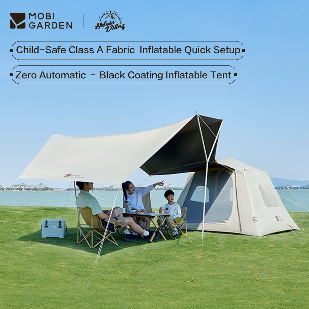 MOBI GARDEN เต็นท์เป่าลมยางสีดำสำหรับตั้งแคมป์กลางแจ้ง อัตโนมัติ เปิดได้อย่างรวดเร็ว ป้องกันแสงแดด และมีระบบระบายอากาศที่ดี