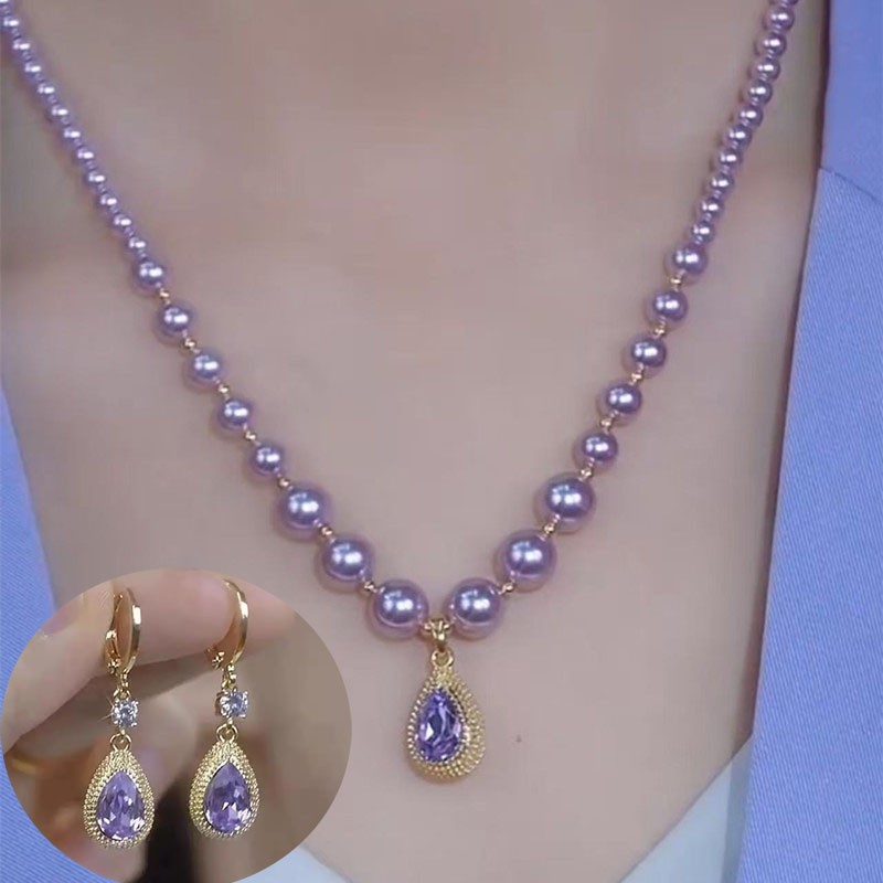 สร้อยคอมุกแบบคริสตัลสีม่วง พร้อมหยดน้ำและแสงระยิบระยับ สไตล์หรูหรา