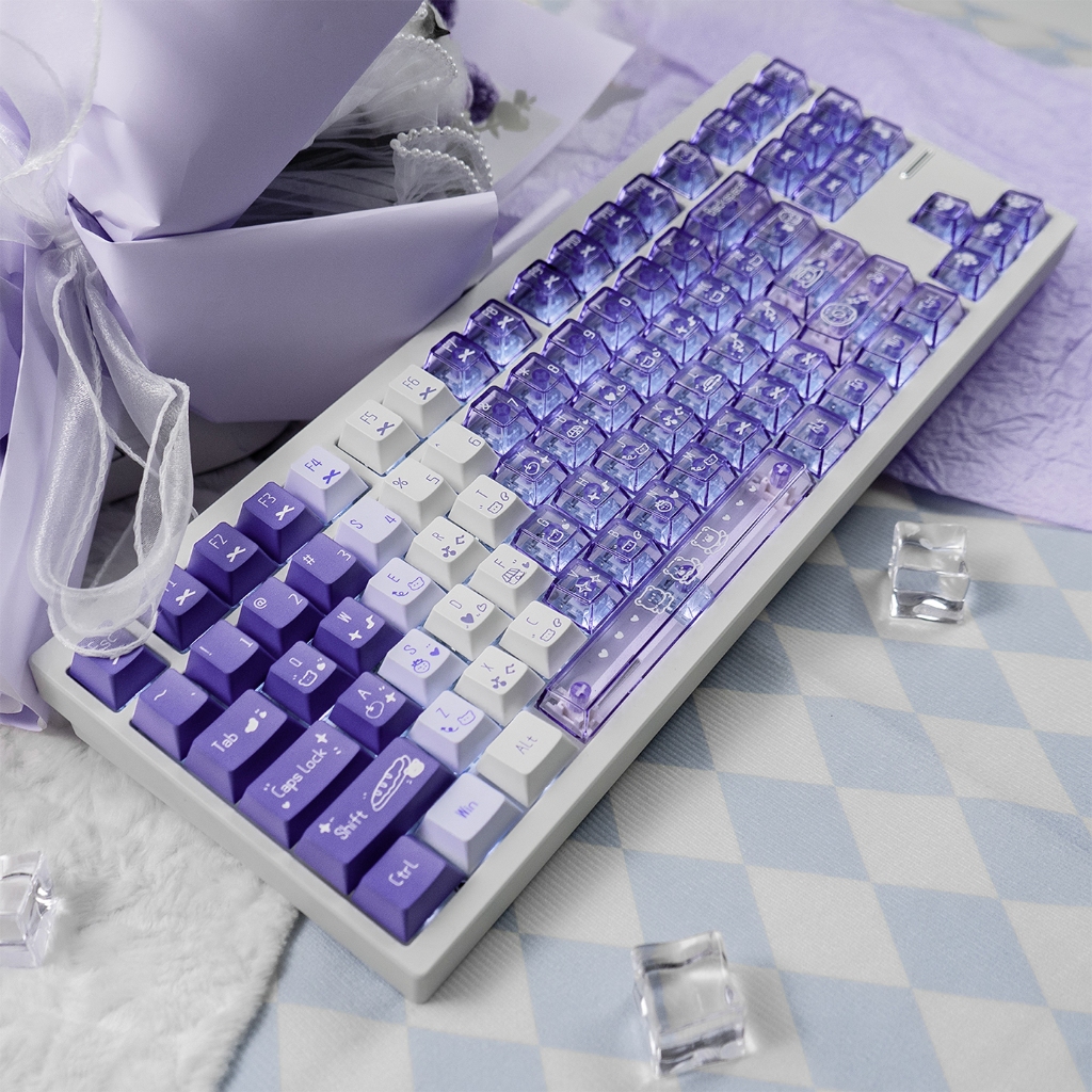 สีม่วงไล่ระดับสี RGB โปร่งใสสไตล์น่ารัก PC + PBT ชุดปุ่มกดสําหรับคีย์บอร์ดแบบกลไก