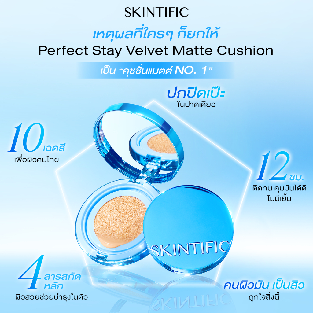 【ANNTONIA’S PICK】SKINTIFIC Perfect Stay Velvet Matte Cushion DENIM EDITION คูชชั่นตลับ สีฟ้า คุชชั่น ให้การปกปิด แมตต์ติดทนตลอดวัน รองพื้น คูชชั่นเนื้อแมตต์ ตลับฟ้า รองพื้นเนื้อเซรั่ม คุมมัน 24ชม. ปกปิด ผิวเป๊ะ ไม่ดรอป ไม่อุดตันรูขุมขน