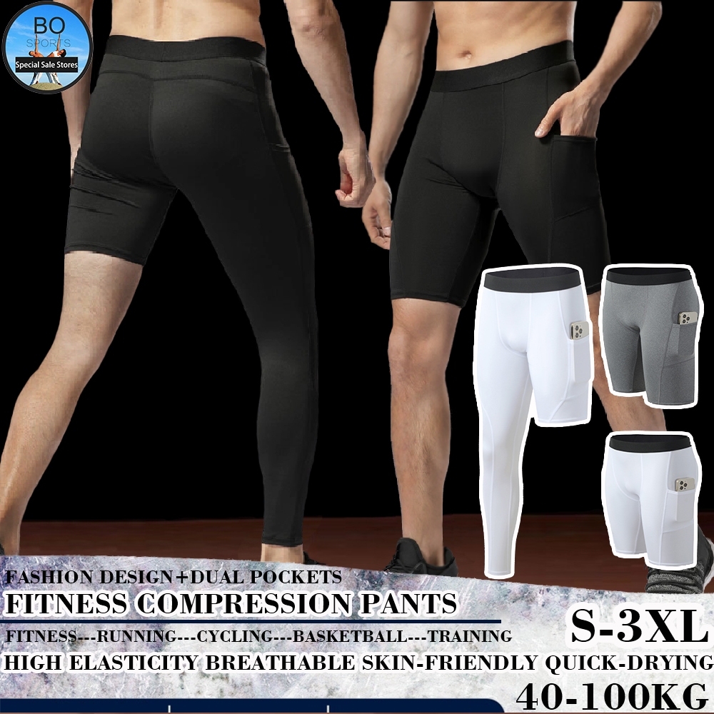 BOSPORT Mens Compression Shorts with Pocket Cool Dry Base layer Gym Sports Leggings Running Tights Fitness Workout