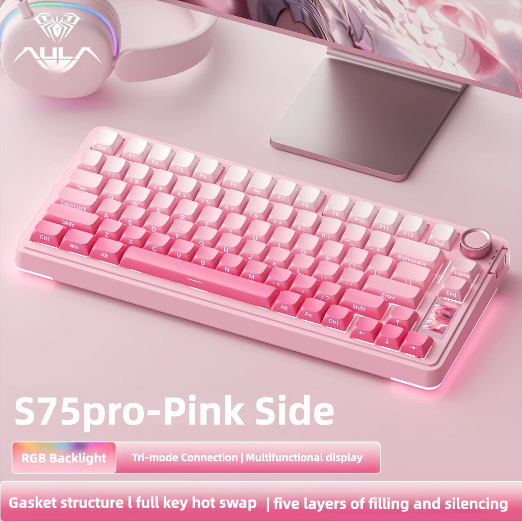 AULA S75Pro บลูทูธแบบมีสายไร้สายสามโหมดดิจิตอลจอแสดงผลคีย์บอร์ด RGB Hot-swap สํานักงาน E-sports คีย์บอร์ดเกม Universal สีชมพู