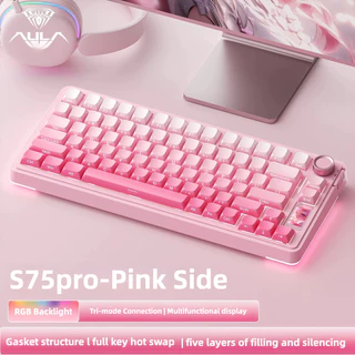 AULA S75Pro บลูทูธแบบมีสายไร้สายสามโหมดดิจิตอลจอแสดงผลคีย์บอร์ด RGB Hot-swap สํานักงาน E-sports คีย์บอร์ดเกม Universal สีชมพู