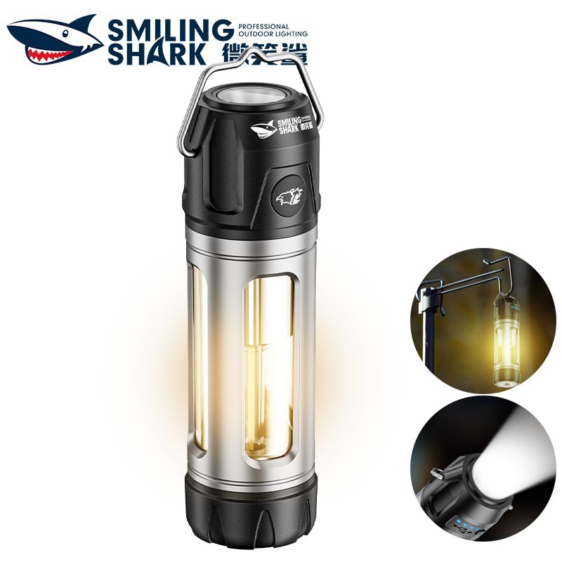 SmilingShark LY8315 ไฟแคมป์ปิ้ง เกี่ยวกับแม่เหล็ก ไฟฉาย 2-in-1 ด้วยขาตั้งกล้องและเบ็ดที่ถอดออกได้ ไฟคบเพลิง สว่างมาก โคมไฟแคมป์ปิ้ง 7 โหมด Type-C แบบชาร์จได้ กันน้ำสำหรับปีนเขา